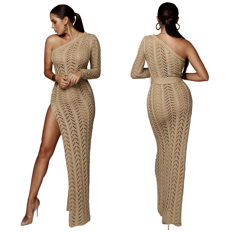 Knitted One Shoulder Dress Fane (4 Sizes and 2 Colors)